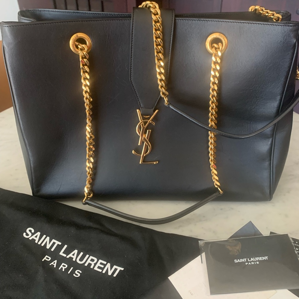 Saint Laurent Black and Gold Leather Tote